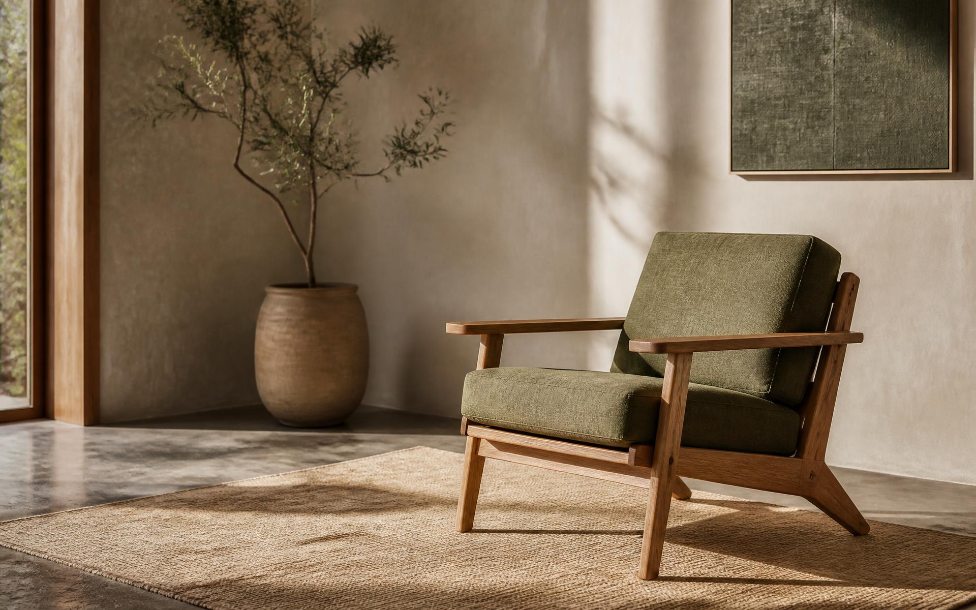 Upholstered wooden armchair from the Ash and Moss storefront